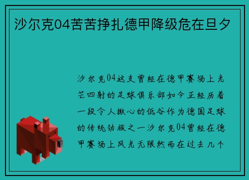 沙尔克04苦苦挣扎德甲降级危在旦夕