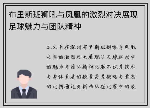 布里斯班狮吼与凤凰的激烈对决展现足球魅力与团队精神
